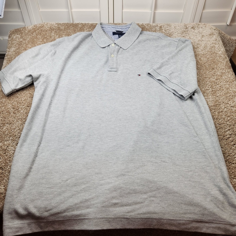 Tommy Hilfiger Mens XXL Heather Grey Pique Cotton Short Sleeve Polo Shirt Logo